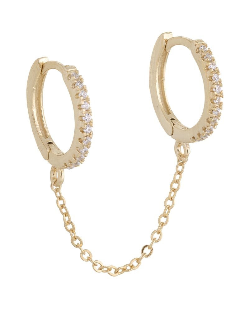 Front of a size One Size CZ Double Huggie Chain Earring Gold One Size Single in Gold by By Adina Eden. | dia_product_style_image_id:292168